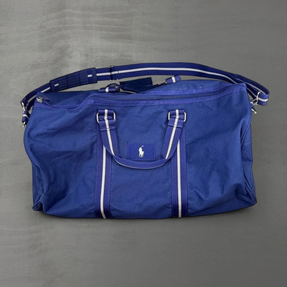 Polo Ralph Lauren Duffel Bag Blue Canvas Striped Strap Travel Gym OS